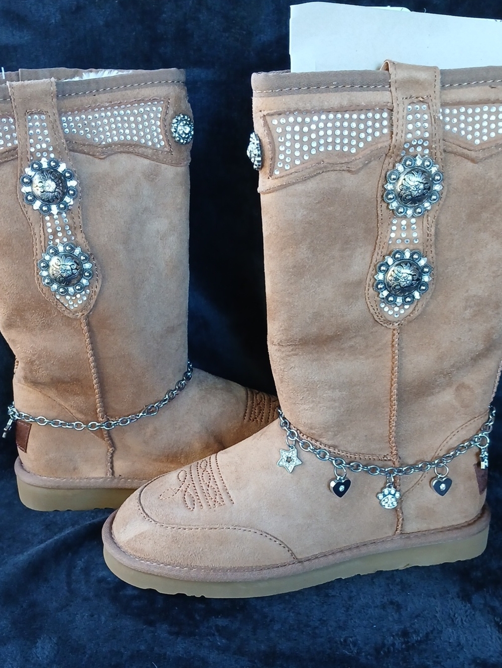 Montana West Tan Suede Winter Boots with Silver Conchos & Charms